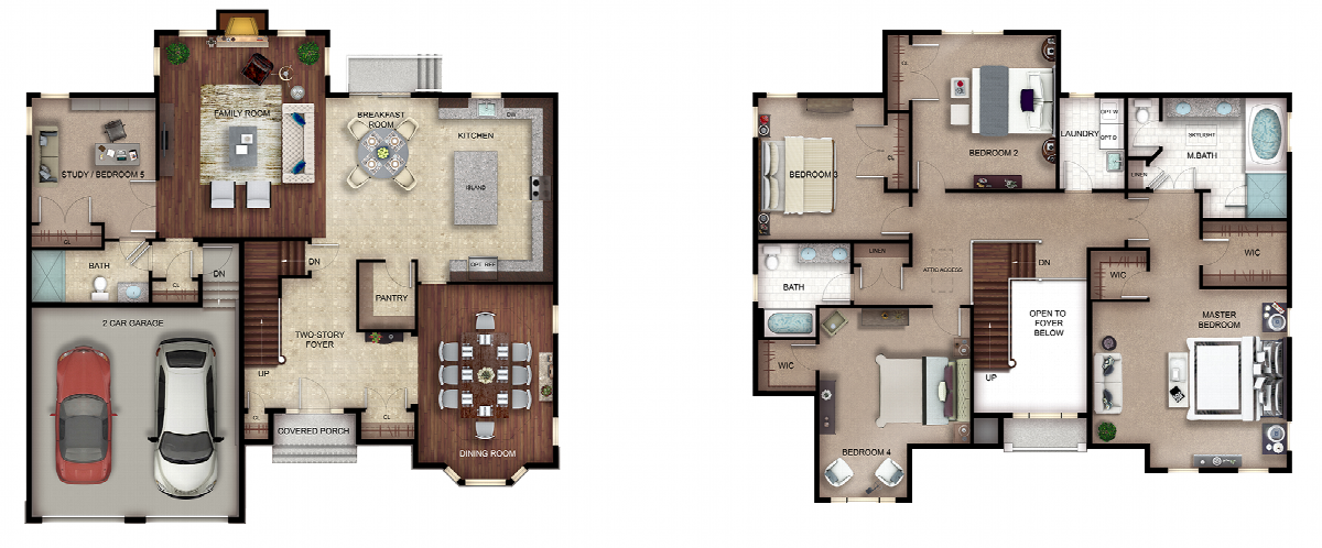 The Jasmine features 3,252 square feet of living space consisting of 4 Bedrooms and 2.5 Baths. The huge kitchen, breakfast and Family Room areas are all open to each other for large family gatherings