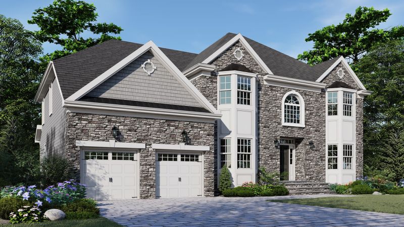 Image of The Platinum II, Elevation A, features a hip roof with double bay windows and palladium window above front entry door with a stone front facade