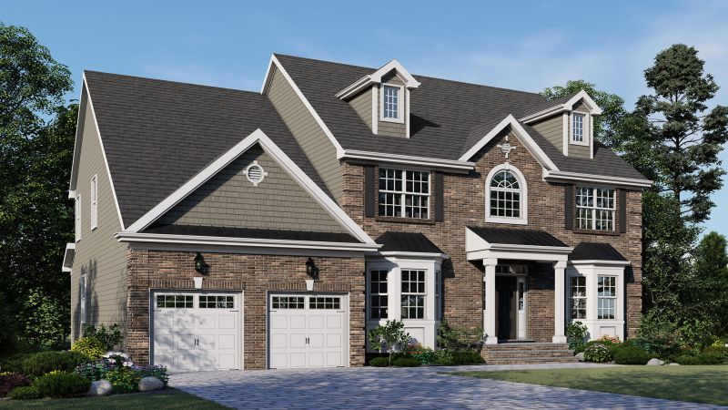 Image The Platinum II, of Elevation B,  features a hip roof, two 1st floor bay windows and dormers above finished in an all brick front façade
