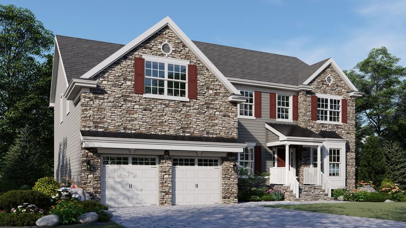 Image of The Lotus, Elevation A shows a hip roof and covered and raised front porch in a mix of stone and vinyl