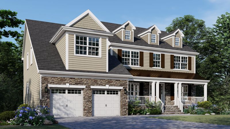 Image of The Lotus, Elevation C, features dormers and a huge covered porch finished in a blend of materials