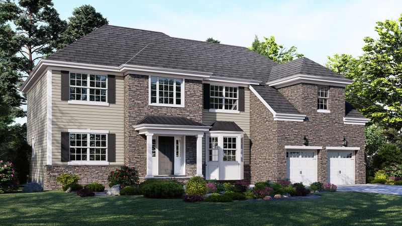 Image of The Magnolia, Elevation A, features a Gable Roof with a Bay Window finished with a mix of Stone and Vinyl