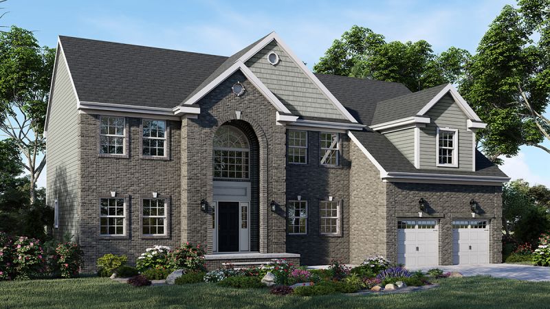 Image of The Magnolia, Elevation B, features a hip roof with added dormers and front porch finished with a mix of several materials adding interest to this beautiful facade