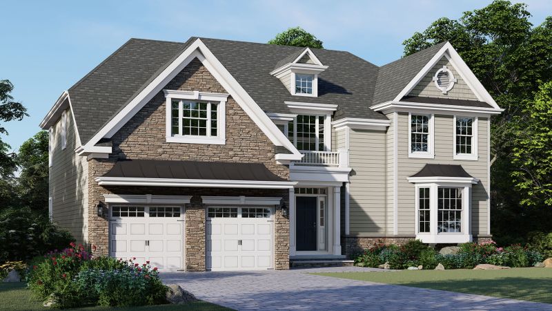 Image of The Jasmine, Elevation A, offers a Hip Roof with a Covered Front Door finished with a mix of Stone & Brick