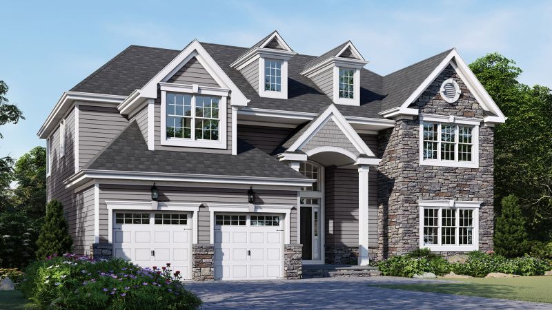 Image of The Jasmine, Elevation B shows a Hip Roof with a Bay Window and Covered Front Door finished with a mix of Stone & Vinyl